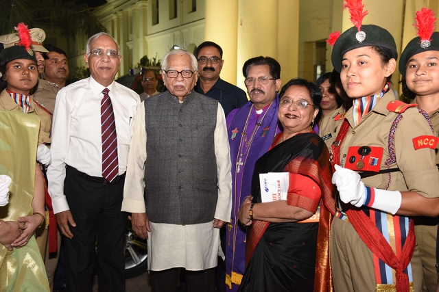 Honorable Shri Ram Naik, governor of the Indian state of Uttar Pradesh, Bishop Dr. Phillip S. Masih, Lucknow Episcopal Area and Dr. Elizabeth Charles, President, Isabella Thoburn College