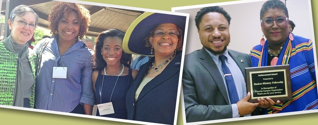 Left: (L-R) Harriett Jane Olson, Jessica Love, Jalen Lawson and Yvette Richards at United Methodist Women Assembly (2014); Right: Dr. Cynthia Bond Hopson presents Rev. Kevin Kosh with award for campus ministry
