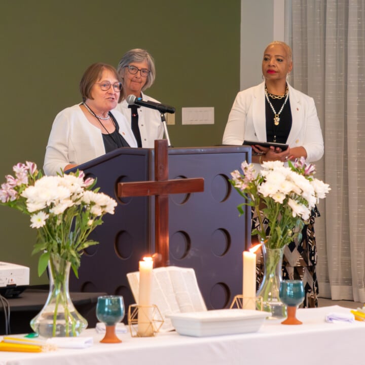 Bishops from The United Methodist Church’s Council of Bishops, including those pictured here (from left to right, Bishops Rosemarie Wenner, Hope Morgan Ward, and current COB president Tracy Smith Malone) were also in attendance. Photo by Susan Clark 