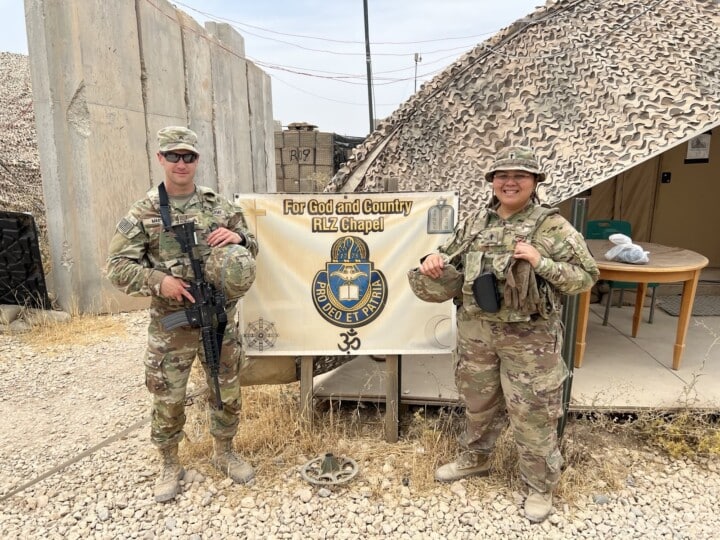 Sometimes there is not a dedicated chapel building and we have to create a holy space with what we have. Here Sgt. Brian Marsh, religious specialist, and Chaplain (Major) Amor Del Rosario, converted the MWR tent into a chapel for an hour. (Photo courtesy of Amor Del Rosario)
