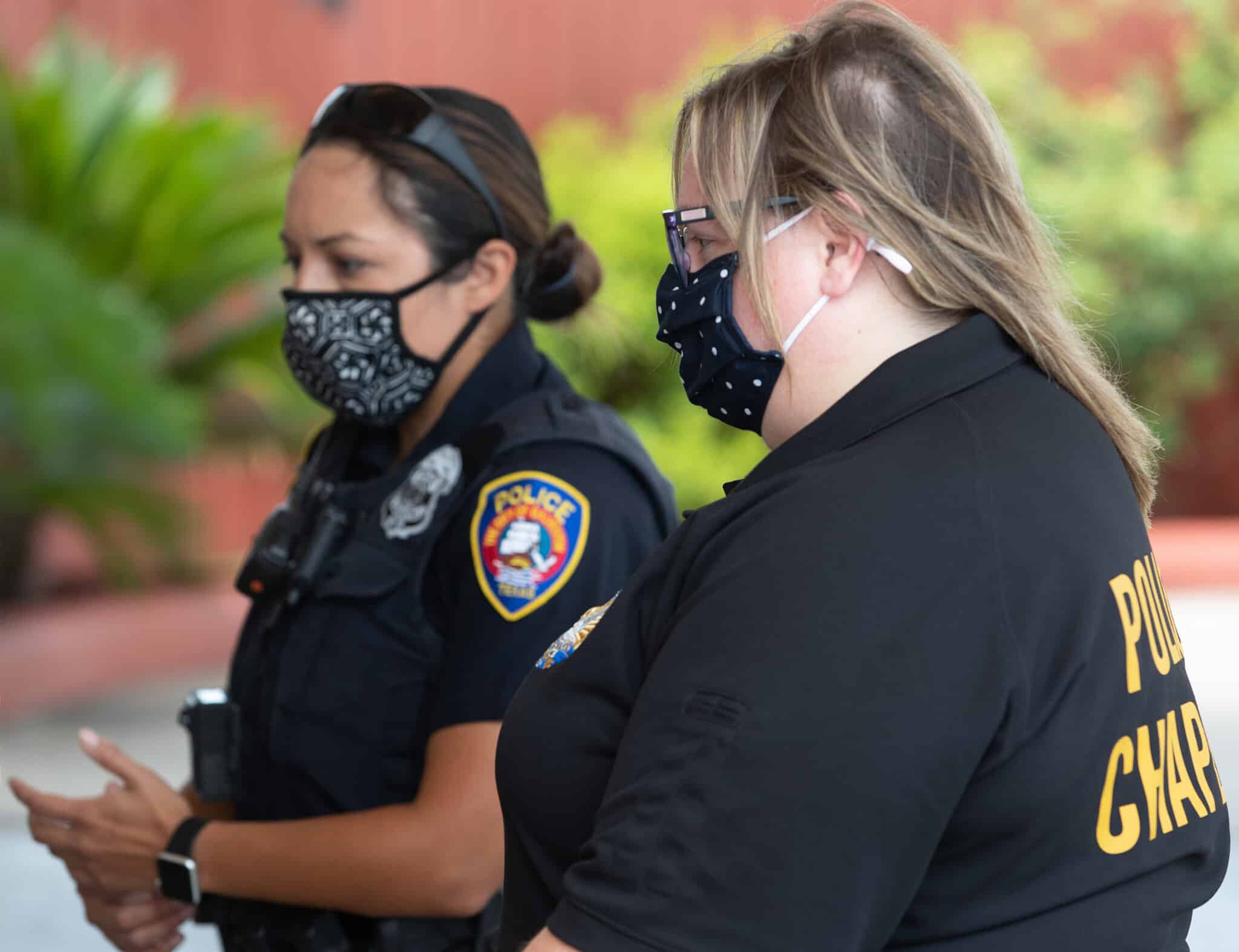 police-chaplain-heather-gates-002 Chaplain Heather Gates (right) responds to a call with Officer J. Cantu in Galveston, Texas. Gates, a United Methodist deacon, has served as chaplain for the Galveston Police Department since 2018. Photo by Mike DuBose, UM News..